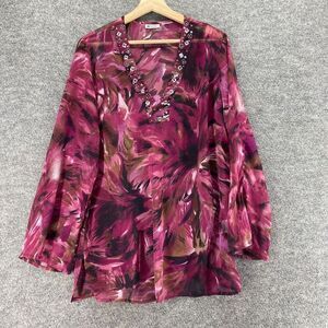 Units Blouse Women M Medium Purple Floral V-Neck Rhinestone Long Sleeve Casual